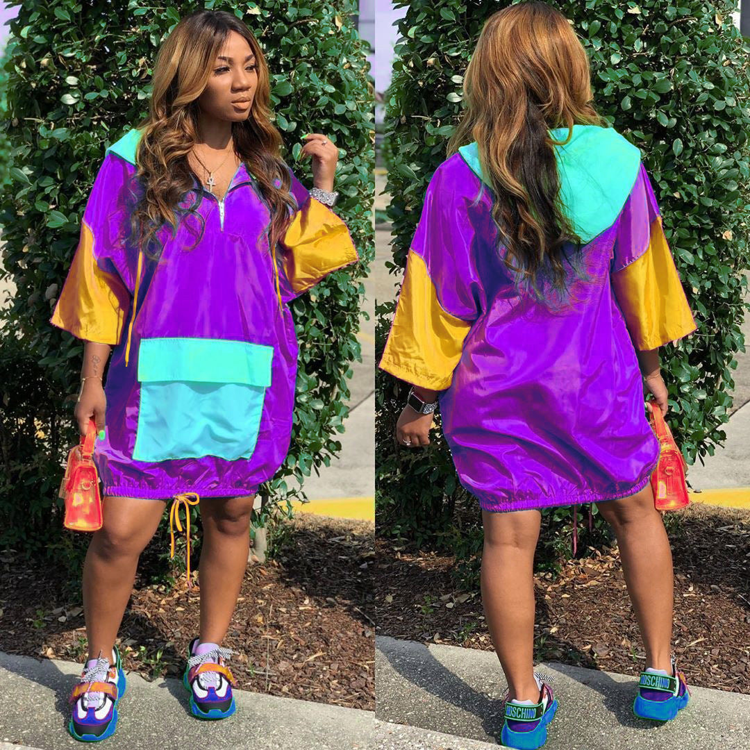 Casual Women Color Blocking Loose Pocket Hooded Dress