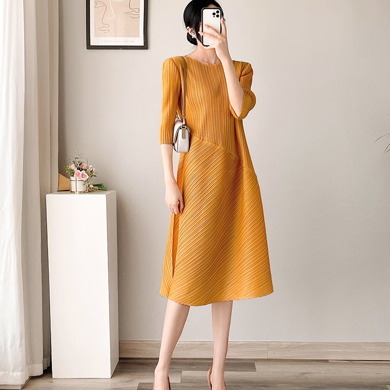 Women Fashion Minimalist Casual Soft Solid Color Round Neck Cropped Sleeve Creased Dress