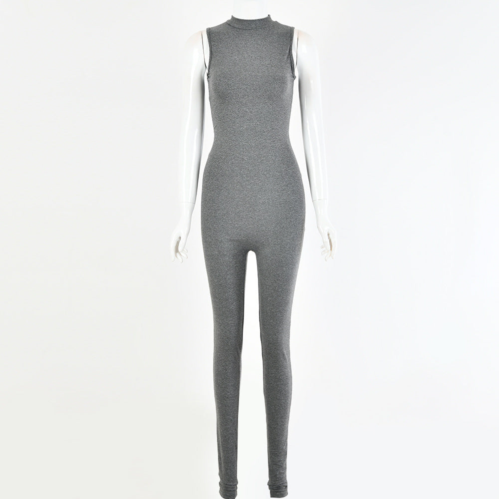 Women Solid Color Sleeveless Tank Top Slim Casual Jumpsuit