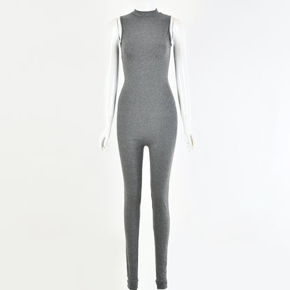 Women Solid Color Sleeveless Tank Top Slim Casual Jumpsuit