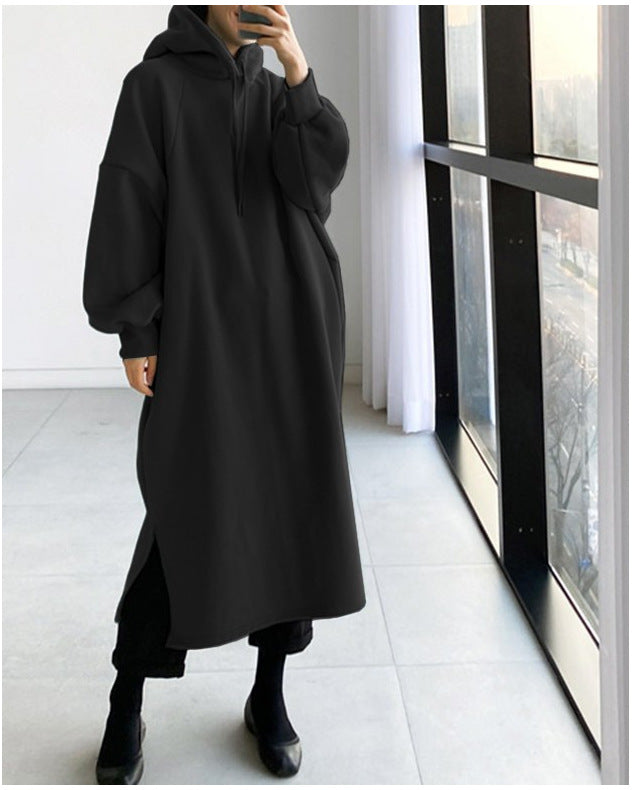 Women Casual Basic Autumn Winter Solid Color Long Sleeve Loose Hooded Dress