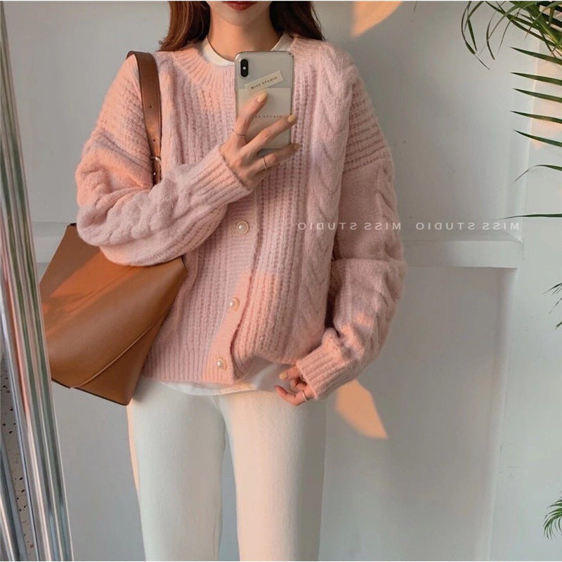 Suéter tipo cárdigan liso de manga larga con cuello redondo y tejido trenzado para mujer, informal, de invierno