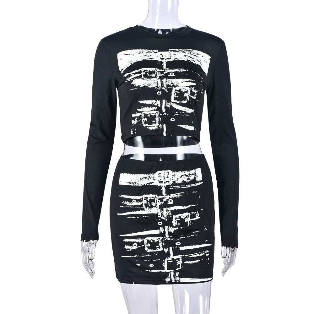 Conjunto de dos piezas con top y falda de manga larga y cuello redondo con estampado informal a la moda para mujer
