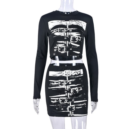 Conjunto de dos piezas con top y falda de manga larga y cuello redondo con estampado informal a la moda para mujer