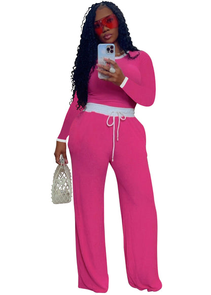 Conjunto de dos piezas informal de mujer para uso diario, con cuello redondo, manga larga y pantalón de punto acanalado en contraste de color