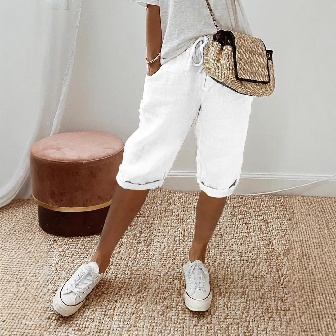 Women Casual Cotton And Linen Solid Color Pocket Pants