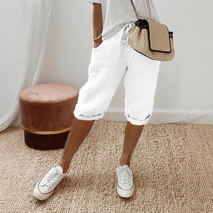 Women Casual Cotton And Linen Solid Color Pocket Pants