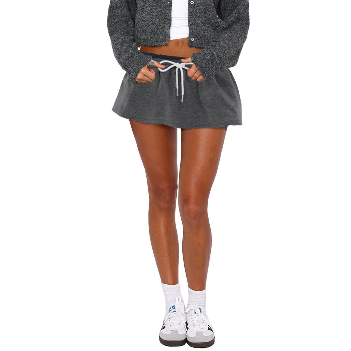 Women Fashion Casual Solid Color Low-Waist Drawstring Skirt
