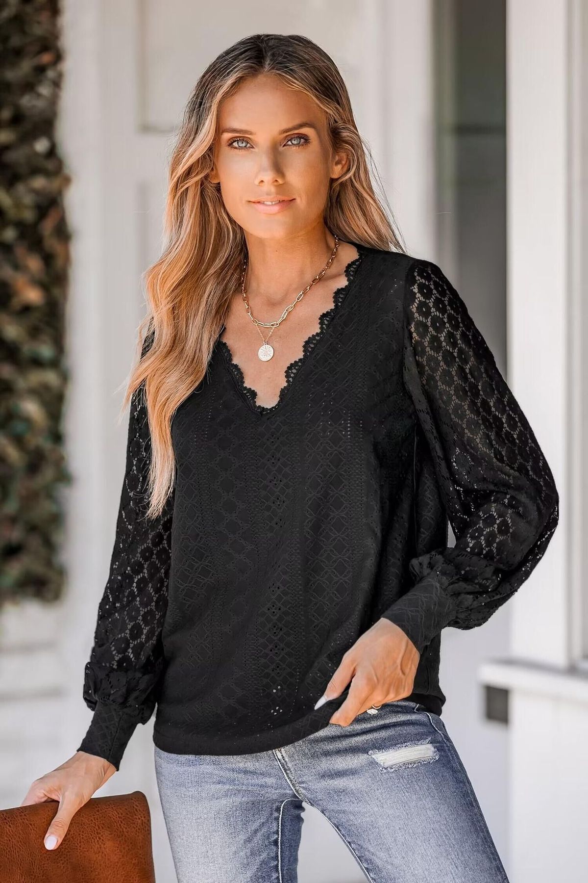 Blusa informal elegante con cuello en V y mangas farol para mujer