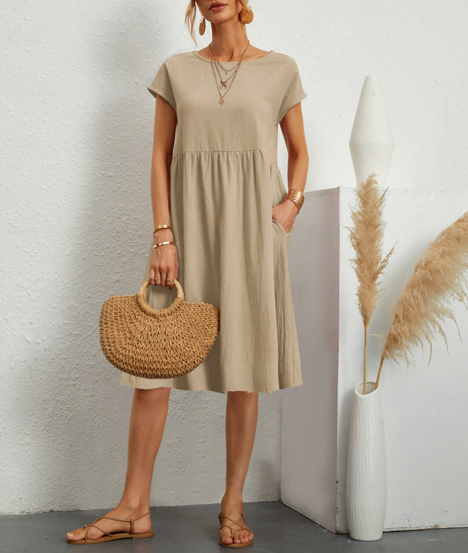 Fashion Summer Women'S Round Neck Solid Color Casual Short Sleeve Dress