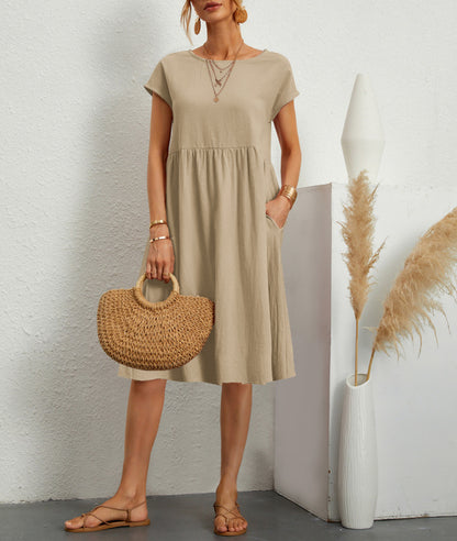 Fashion Summer Women'S Round Neck Solid Color Casual Short Sleeve Dress