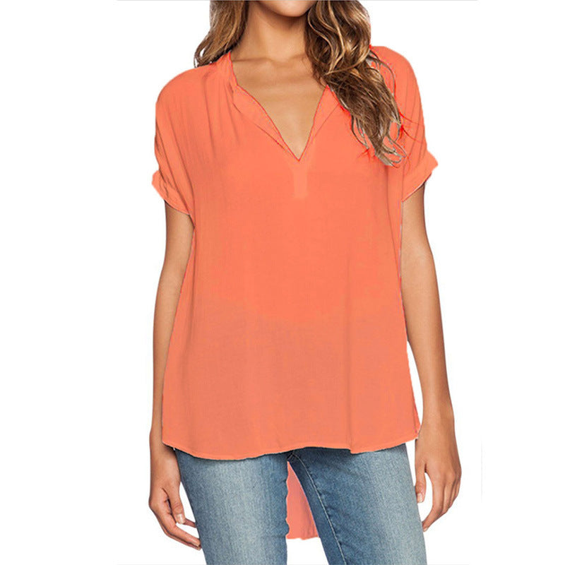 Blusa holgada informal de manga corta con cuello en V liso para mujer, estilo chic de oficina