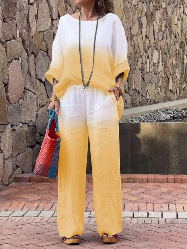 Conjunto de dos piezas de verano para mujer, informal, con degradado, manga larga, pantalones anchos y parte superior