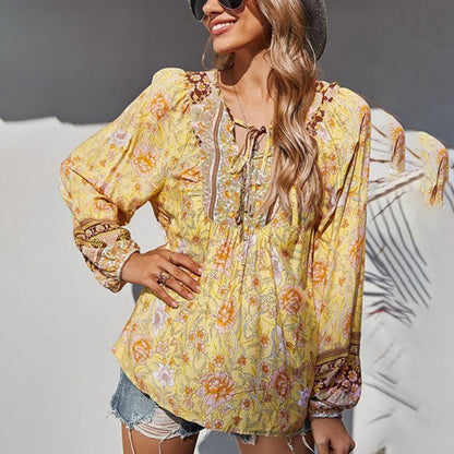 Camiseta informal de vacaciones con cuello en V y cordones para mujer