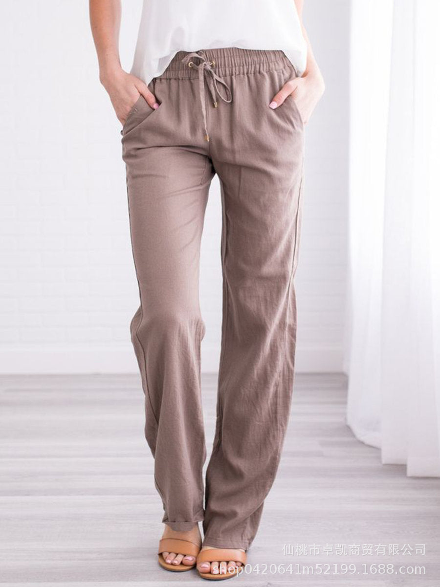 Women Casual Solid Color Cotton Linen Loose Drawstring Pants