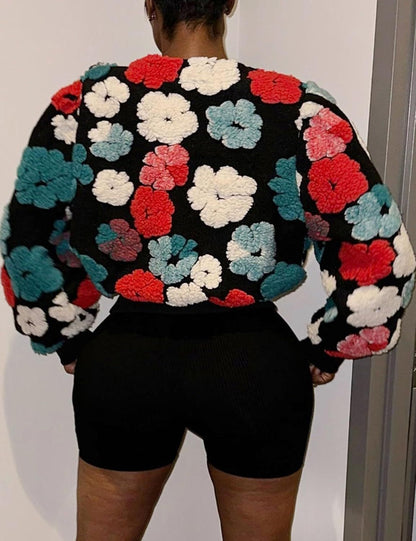 Chaqueta informal de felpa con cuello redondo y manga larga de jacquard para mujer