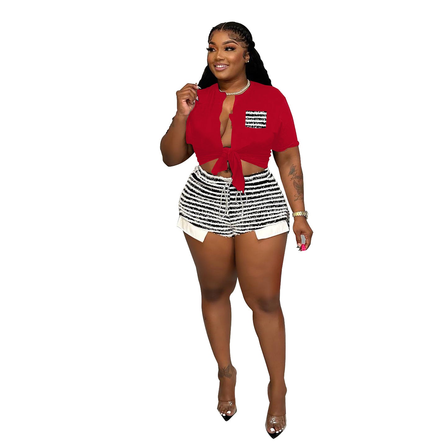 Conjunto de dos piezas con top y pantalones cortos a rayas con cordones informales para mujer