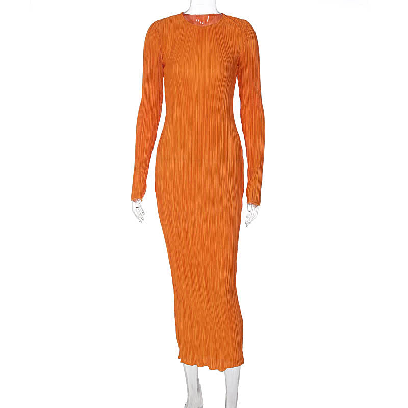 Women Basic Autumn Fashion Casual Solid Color Round Neck Long Sleeve Slim Dress