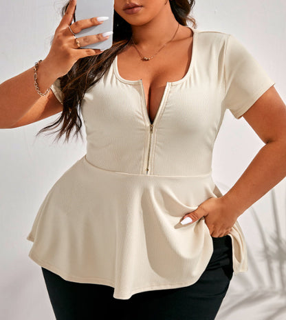 Women Fashion Casual Plus Size Solid Color Splicing Loose Short-Sleeve Zipper Top