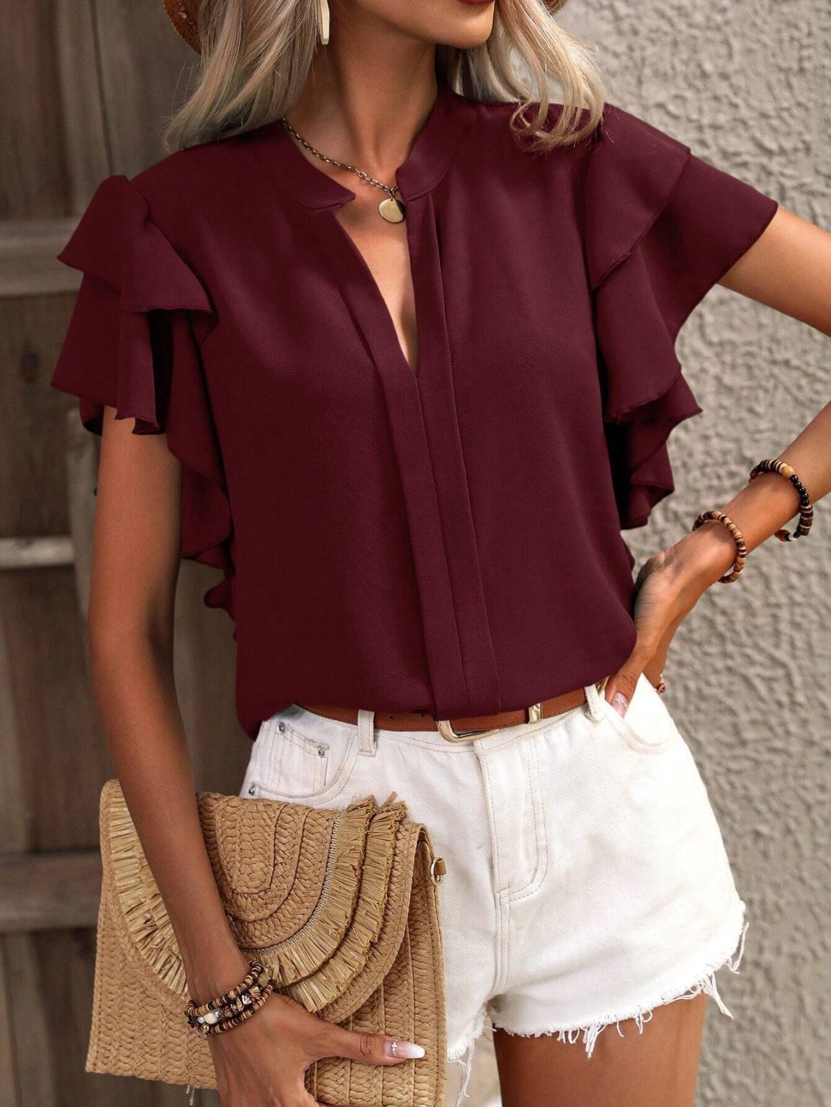 Blusa informal de verano para mujer, color liso, con cuello en V y mangas de hoja de loto de doble capa