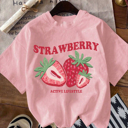 Camiseta informal de manga corta con estampado de fresas para mujer