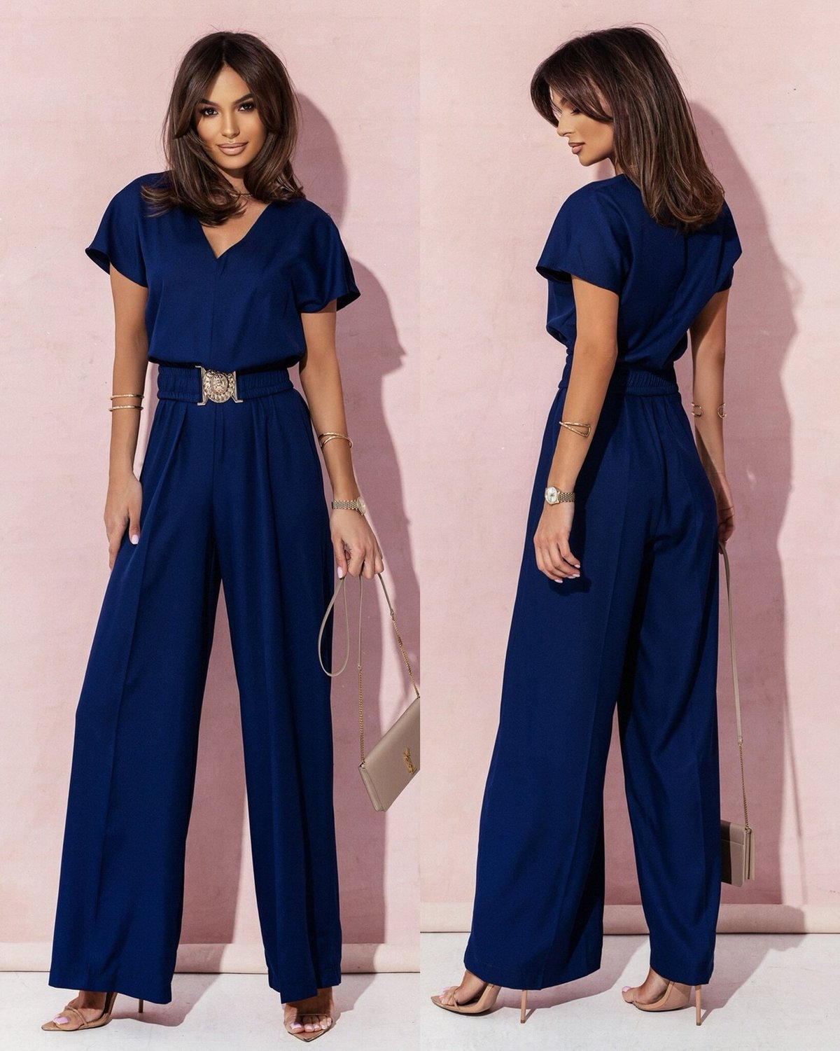 Women Fashion Casual Solid Color V-Neck Short Sleeve Belt Slim-Fit Jumpsuits