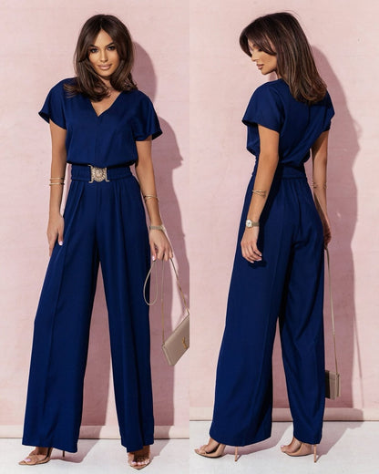 Women Fashion Casual Solid Color V-Neck Short Sleeve Belt Slim-Fit Jumpsuits