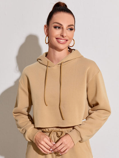 Sudadera corta básica informal de polar de color liso con mangas largas para mujer