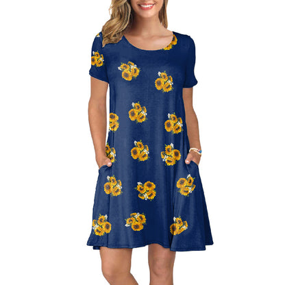 Crewneck Floral Sunflower Printed Women Casual Short Sleeve Pocket Dress