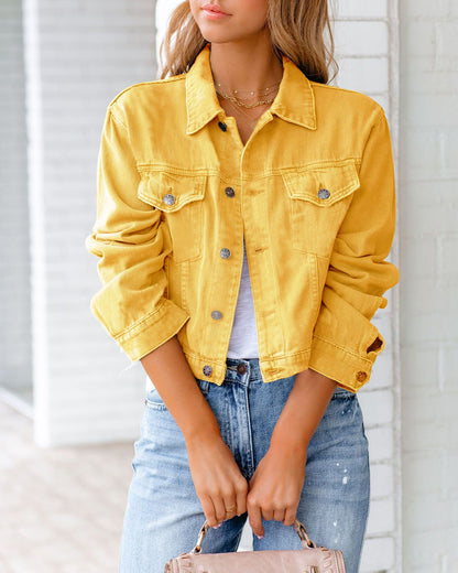 Chaqueta vaquera informal de manga larga con estampado de color liso para mujer