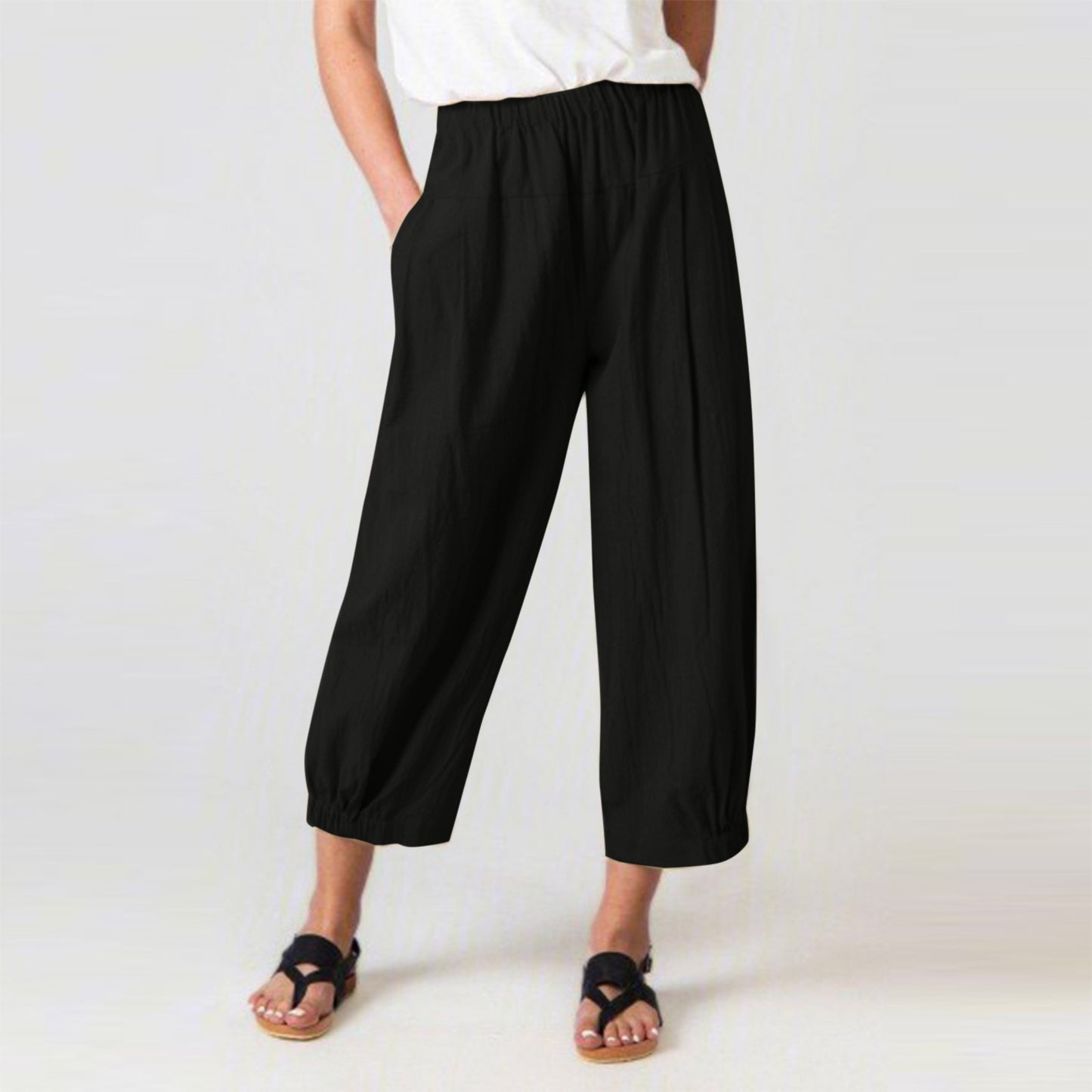 Women Casual Loose High Waist Cotton Linen Cropped Pants