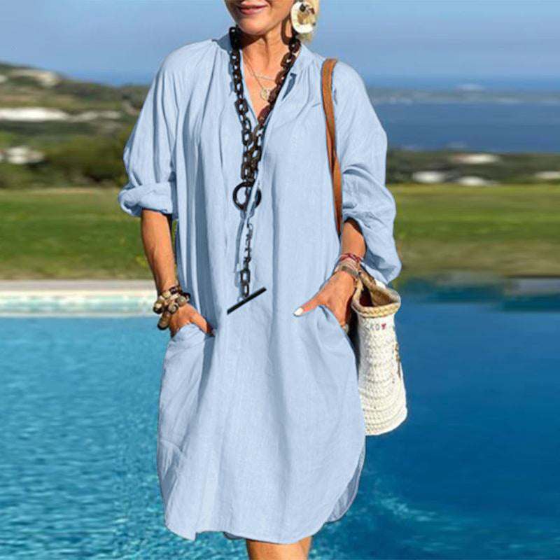 Fashion Casual Women Linen Solid Color Long-Sleeved V-Neck Loose Dress