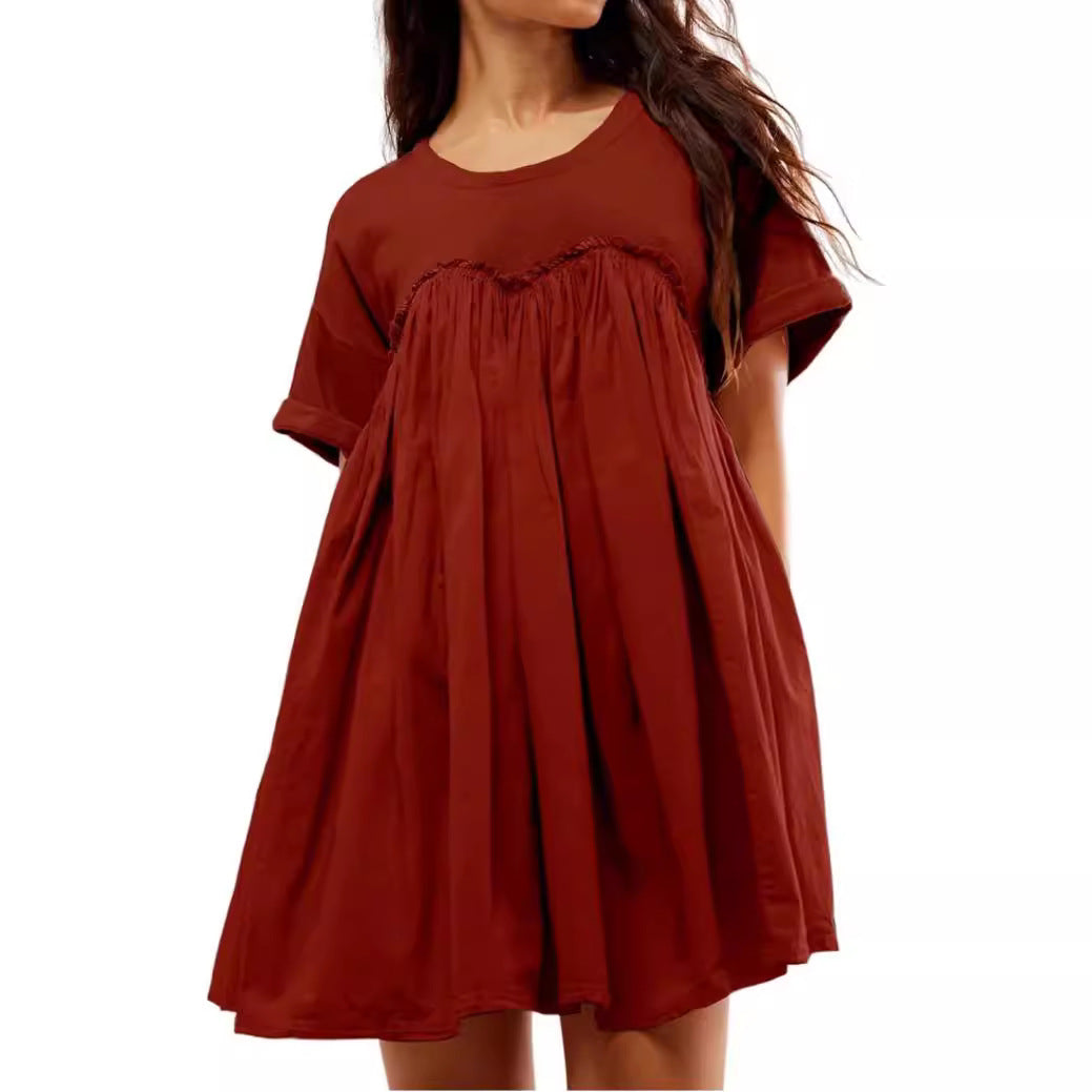 Women Pleated Large Swing Loose Short-Sleeved Casual Loose Dress