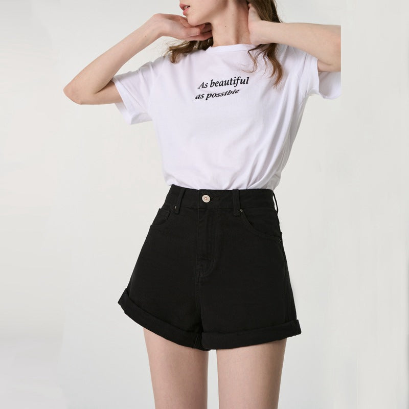 Women Fashion Casual Loose Denim Roll-Up Shorts