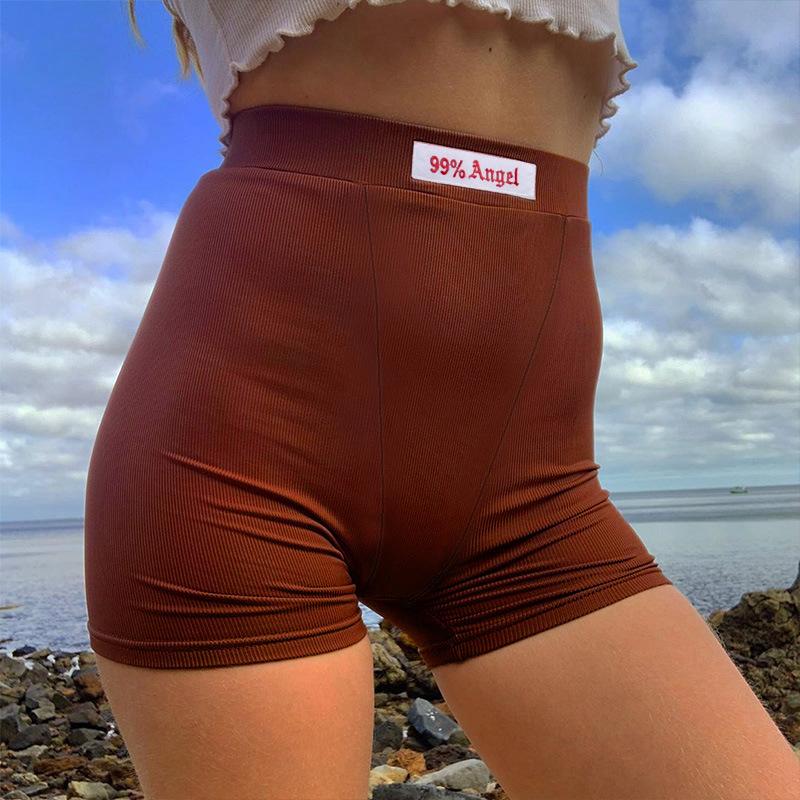 Summer Women Basic Letter Applique Rib Knit High Waist Casual Yoga Shorts