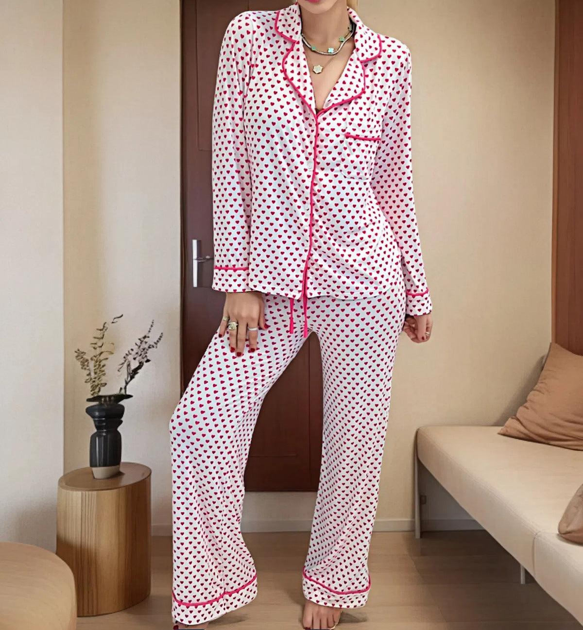 Conjunto de pijama informal de moda para mujer con solapa estampada, manga larga, pantalones holgados