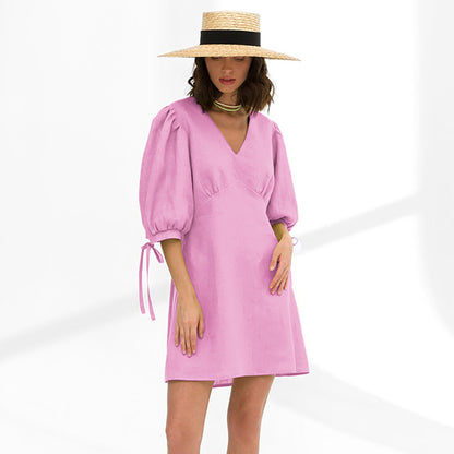 Women Fashion Casual Solid Color Cotton Linen V-Neck Bubble Sleeve Loose Dress