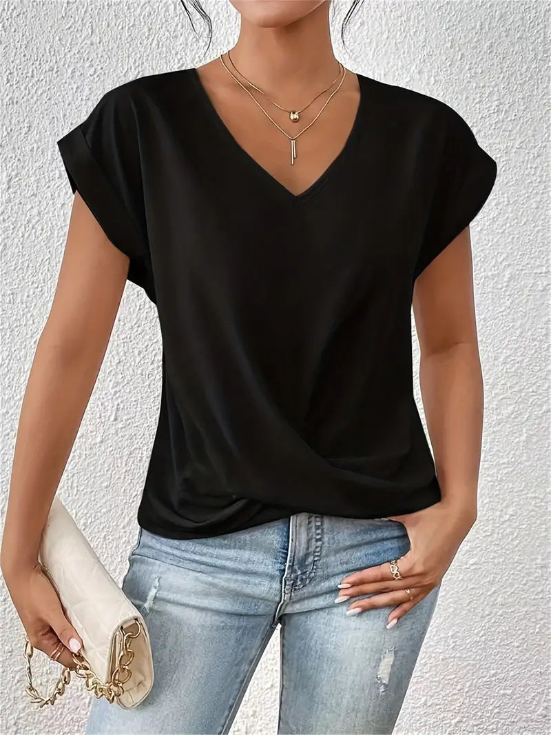 Camiseta informal de verano para mujer, color liso, cuello en V, manga corta, sin mangas