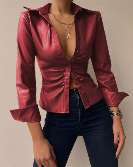 Blusa informal de manga larga con cuello en V y solapa para mujer