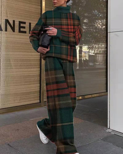 Conjunto de dos piezas de suéter y pantalón con estampado de pata de gallo para mujer