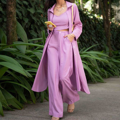 Elegante gabardina informal lisa para mujer, top corto, pantalones de pierna ancha, conjunto de trabajo