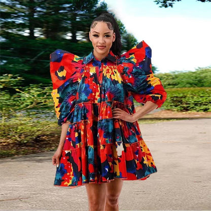 Women Elegant Fashion Casual Ruffled Short Sleeves Color Blocking Shirt Dress