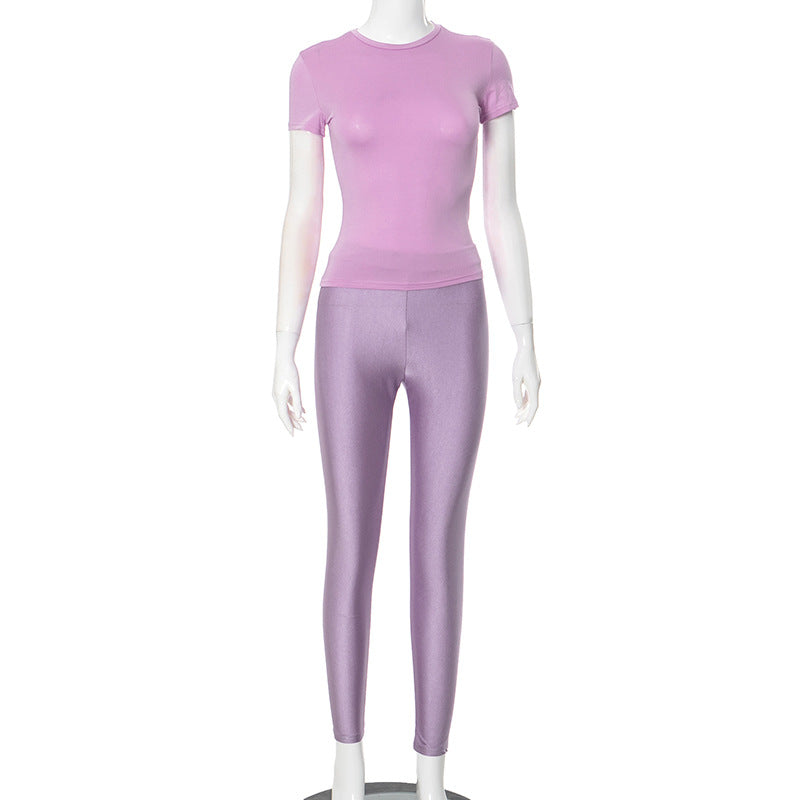 Conjunto de dos piezas de camiseta de manga corta con cuello redondo y pantalones de cintura alta para mujer, informal, de color liso