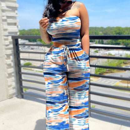 Women Fashion Casual Elegant Printed Sleeveless Slim Fit Lace-Up Jumpsuits