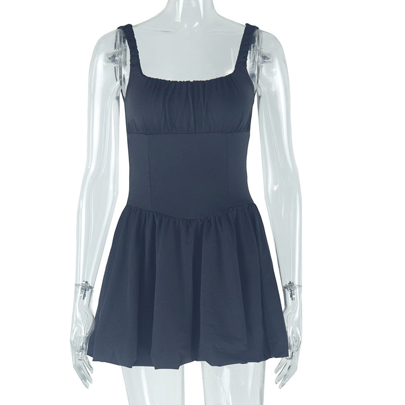 Women Solid Color Sexy Backless Elegant Casual Square Neck Dress