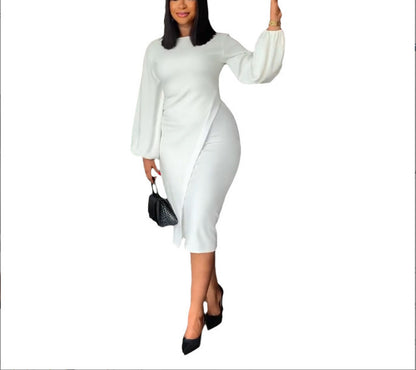 Women Fashion Solid Color Casual Lantern Long Sleeve Dress