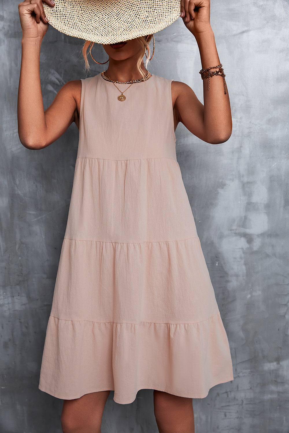 Women Spring And Summer Casual Basic Round Neck Loose Big Swing Dress