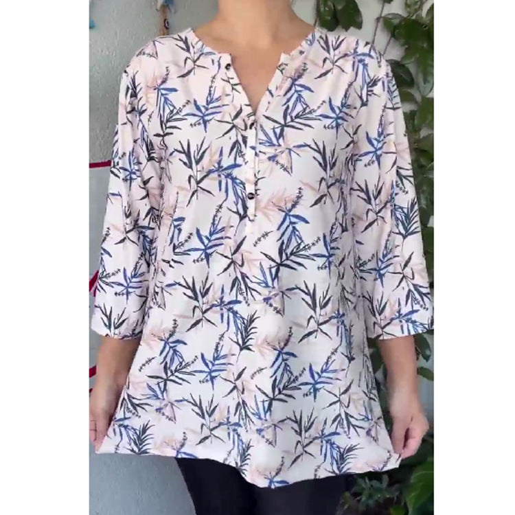 Camisa informal de verano para mujer, de manga larga, con estampado floral y ondas, talla grande