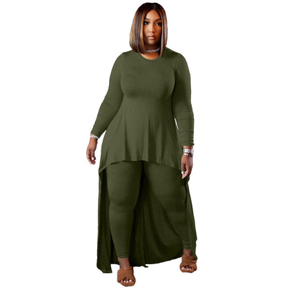Conjunto de dos piezas formado por top y pantalón de manga larga, informal, talla grande, color liso, irregular, para mujer