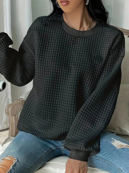 Sudadera informal de manga larga con cuello redondo y cuadros de color liso a la moda para mujer